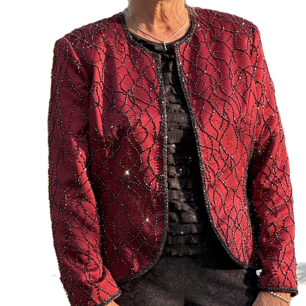 Occasion/party jacket rich burgundy black beading;  size 12-14 - AS NEW